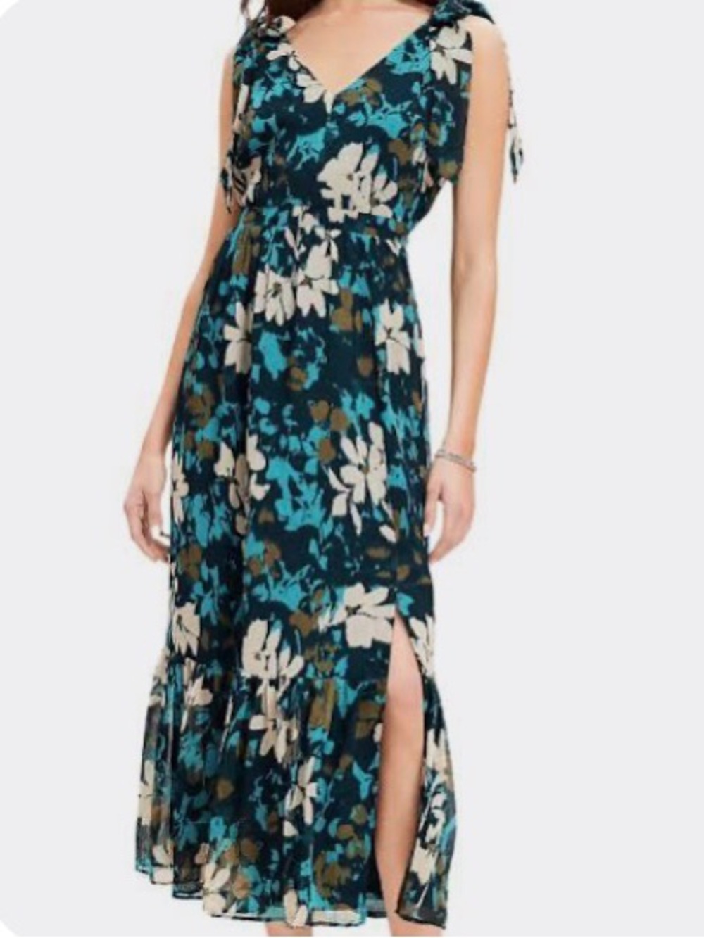 LOFT Women’s Floral V-Neck Tie-Shoulder Maxi Dress Tiered Sleeveless Sz 12P